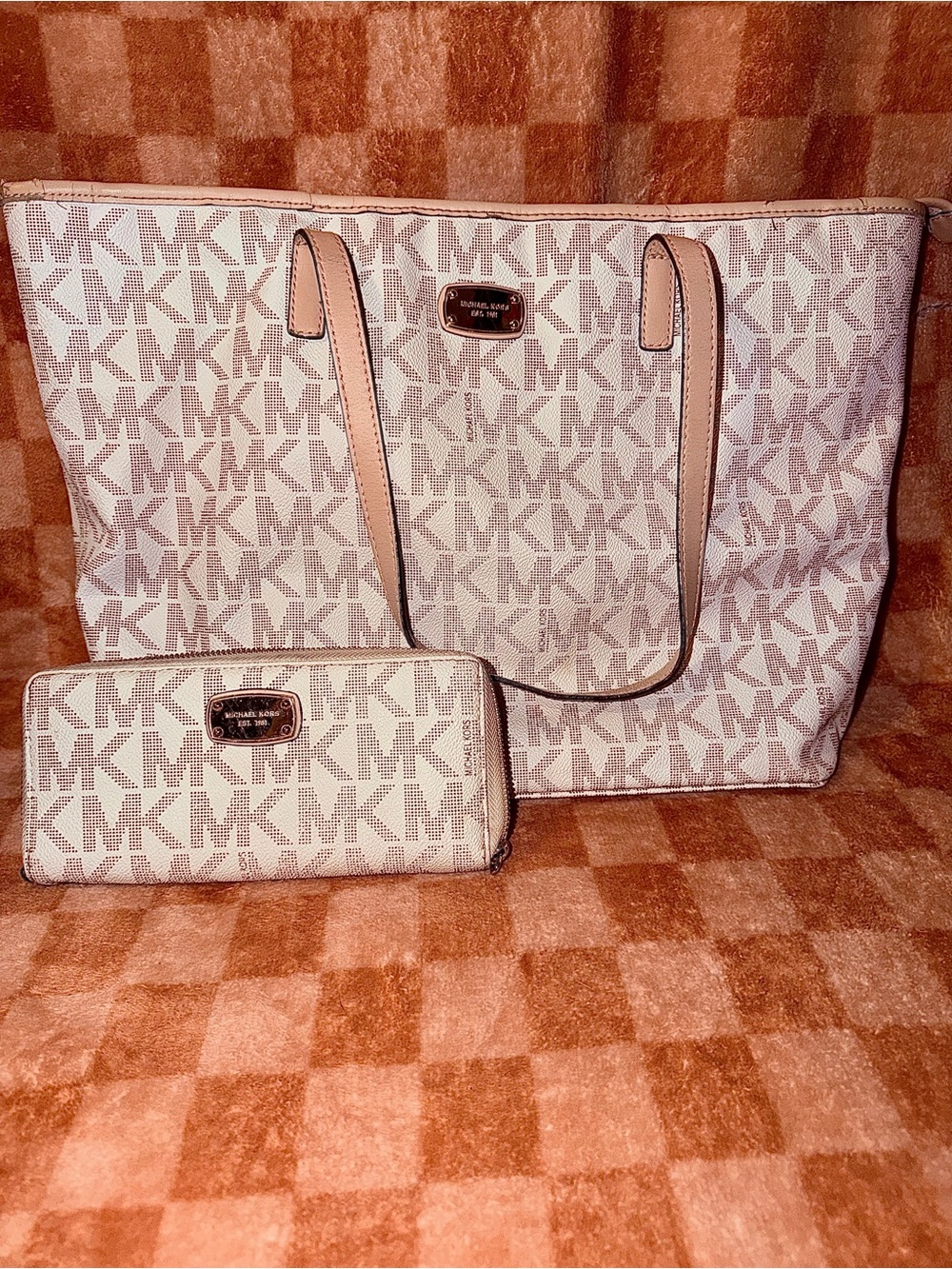 Michael Kors Beige MK Monogram Tote with Matching Wallet